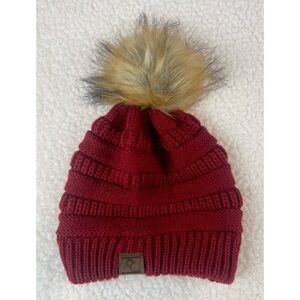 (NWOT) FC • Burgundy Ribbed Knit Beanie with Faux Fur Pom Pom
